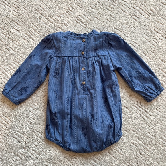 Baby girl blue printed bubble romper long sleeve with matching headband - Picture 3 of 6